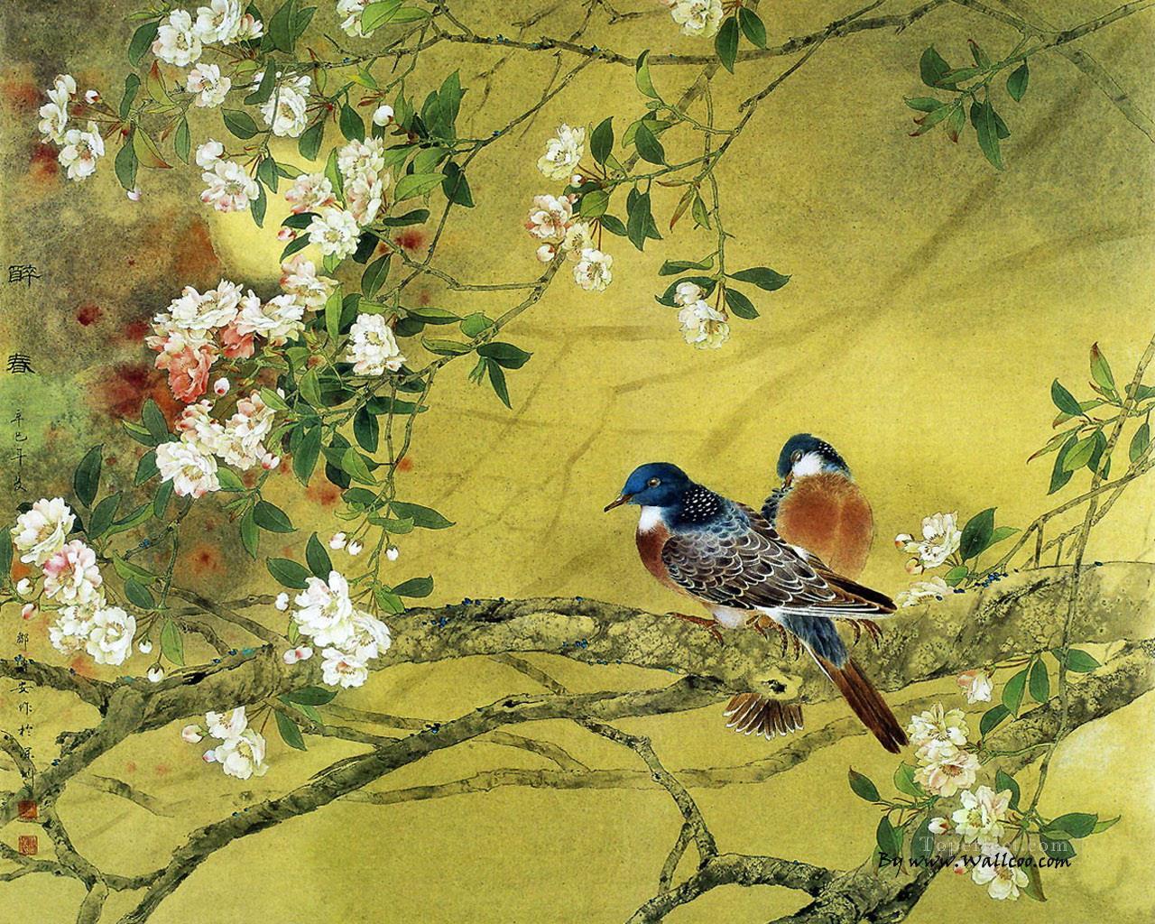 Peinture chinoise oiseau fleur ivre au printemps Peintures à l'huile